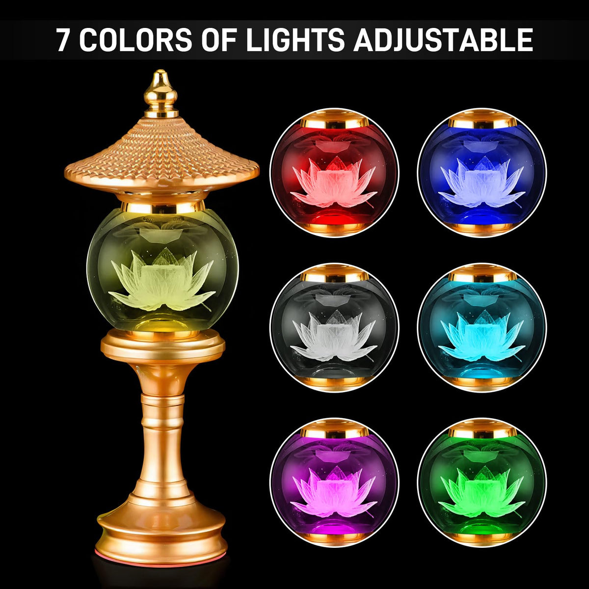 Lotus Lamp 7 Color Crystal Buddha Light Altar Yoga Spiritual Gift (Z2-1-10inch)