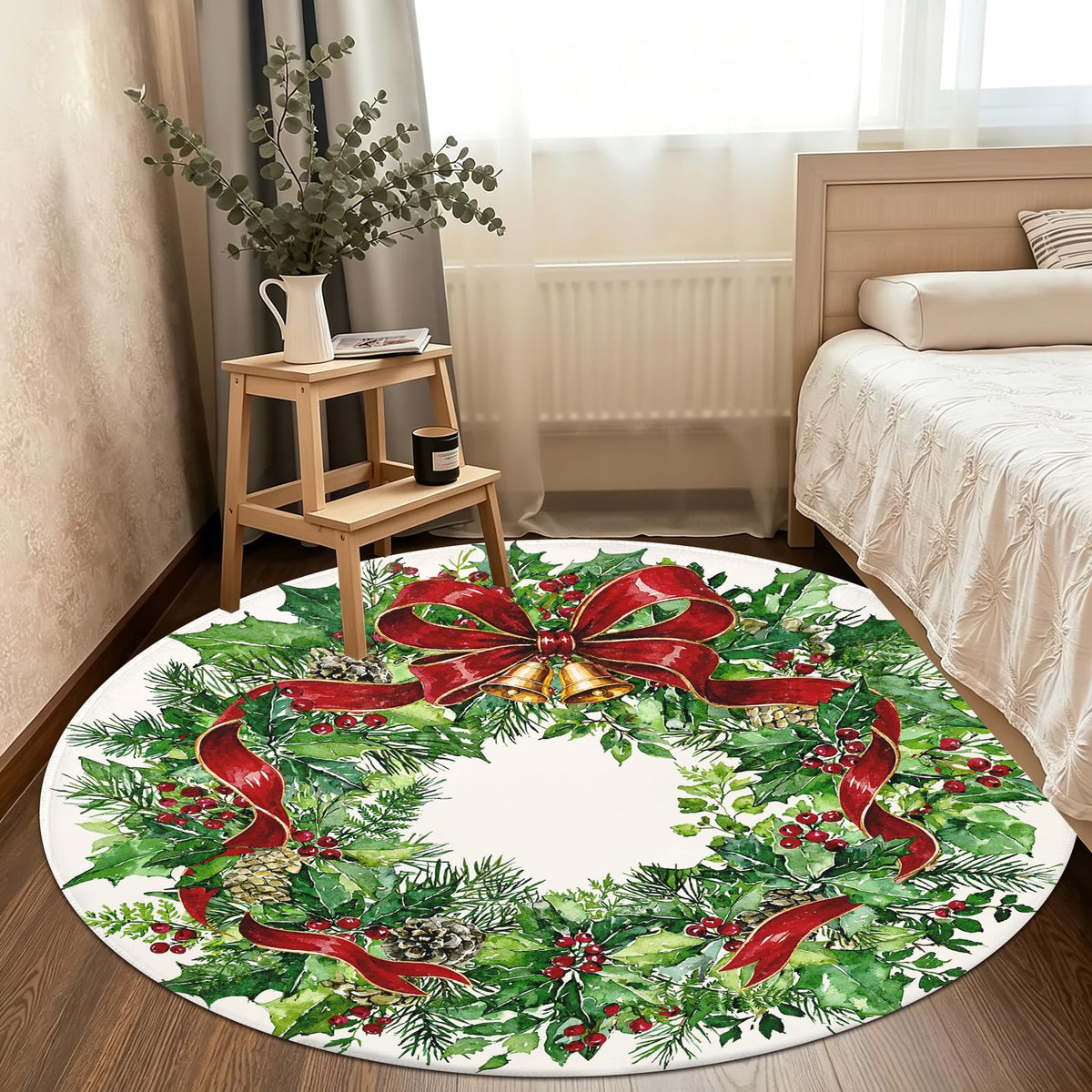 Christmas Round Area Rug 5ft (Gift-green Leaves / 5' (Round))
