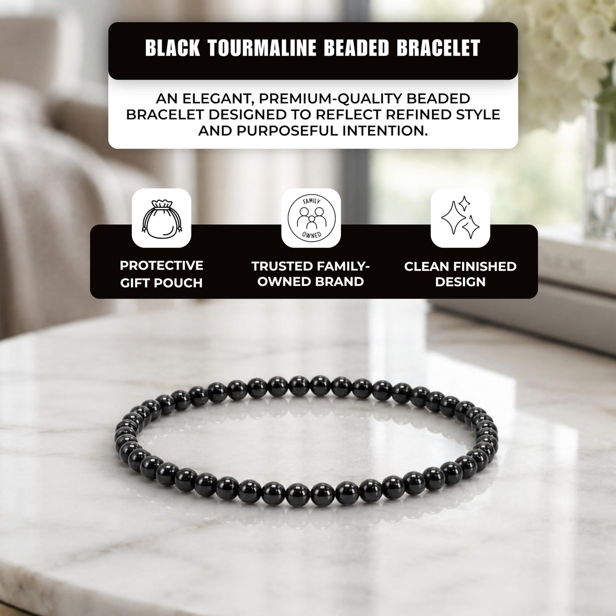Black Tourmaline Bracelet 4mm Beaded Bracelet (Black Tourmaline / Medium)