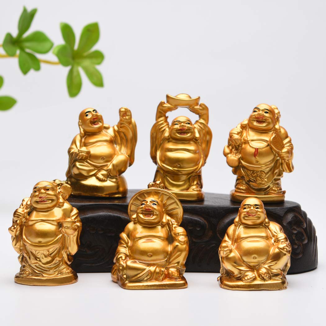 6Pcs 2'' Electroplated Gold Resin Laughing Buddha Figurines (2'' Resin Red Lips Set)