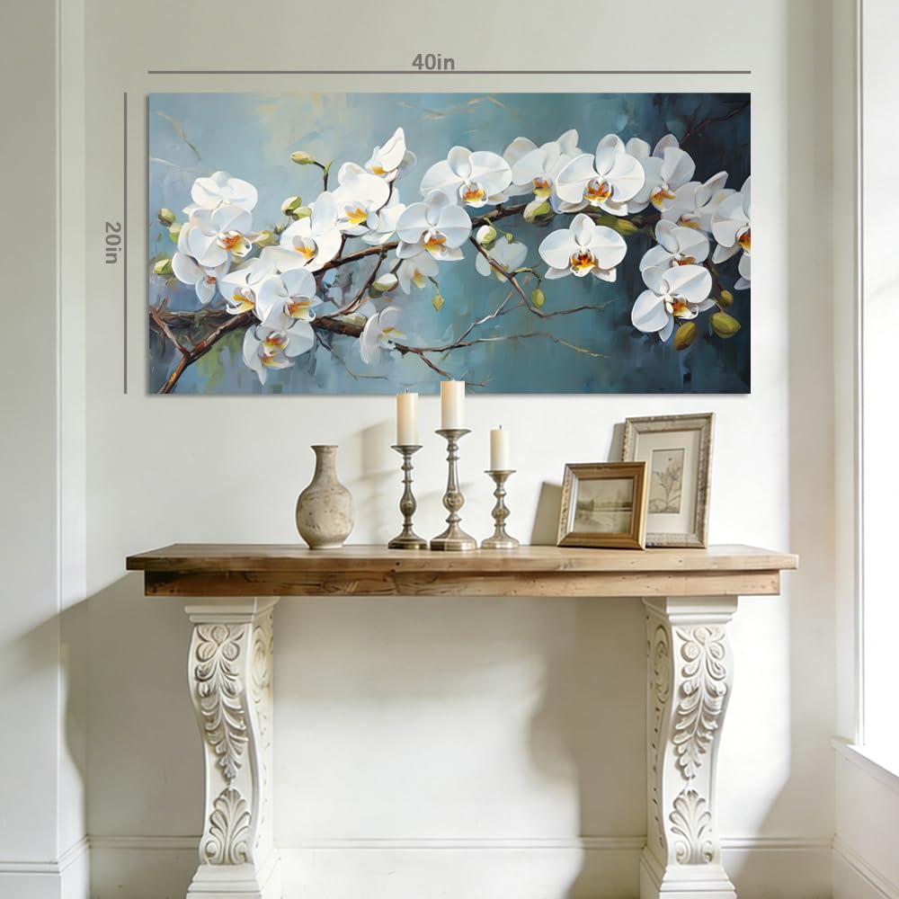 White Orchid Canvas Wall Art Floral Branch Painting Light Blue Background Flat Print Gallery Wrapped Botanical Artwork for Living Room Bedroom Bathroom Decor (Mysterious / White Orchid Blossom 30 / 40"L x 20"W)