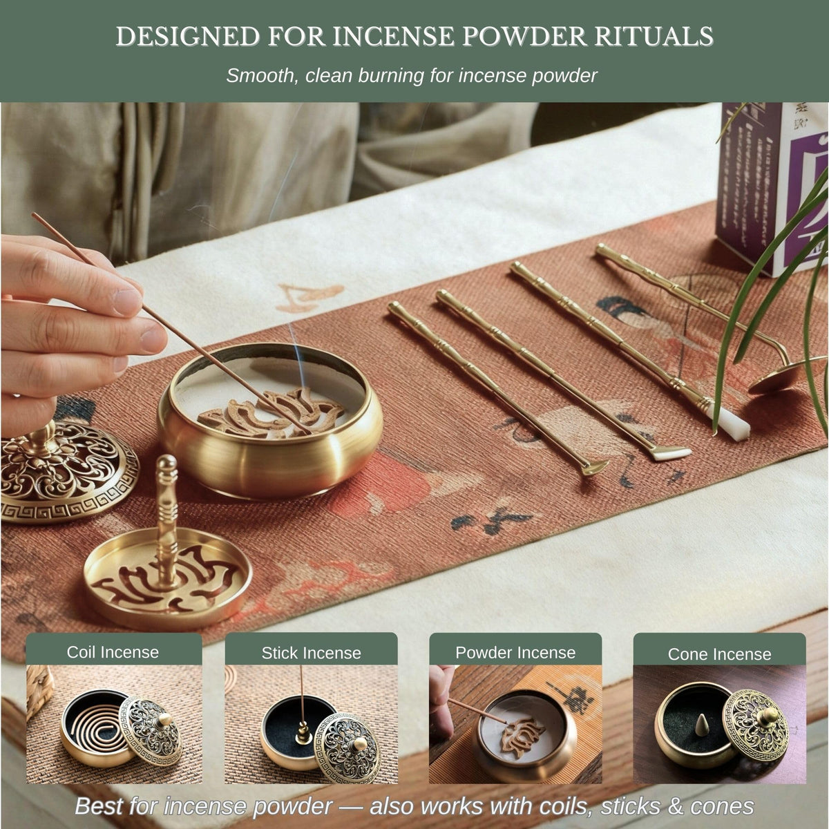 Powder Incense Burner Kit with Brass Censer (Copper)