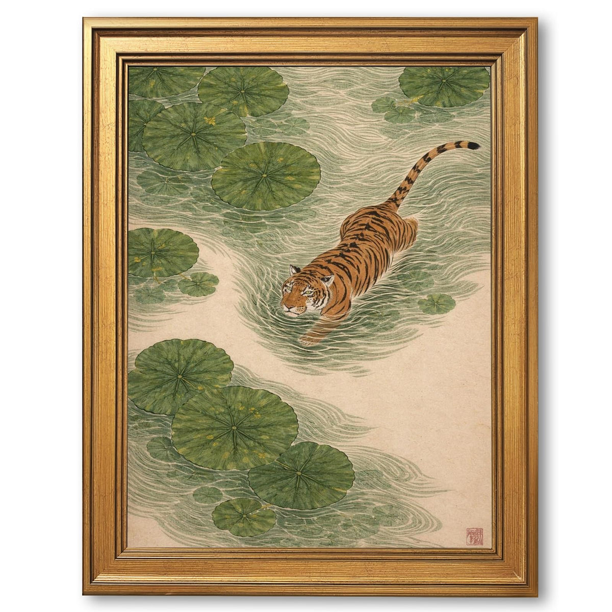 Japanese Tiger Wall Art Prints Vintage Asian Pond Painting Zen Nature Animals Posters Tiger in Lotus Pond Artwork Oriental Animal Nature Wall Decor for Living Room Bedroom 12x16inch Golden frame (style-5 Vintage Golden frame / 12"L x 16"W)