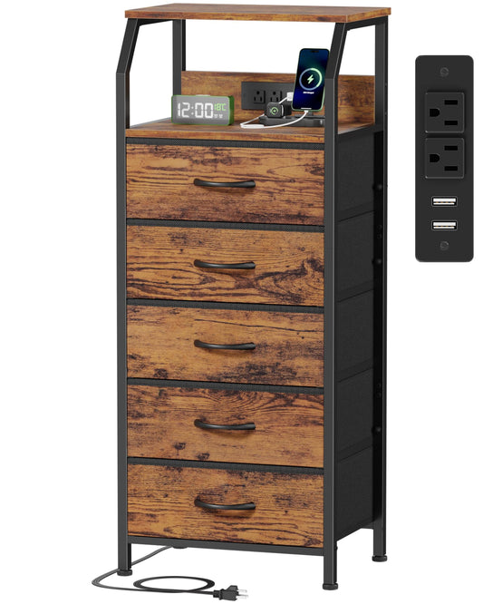 5 Drawers Dresser with Charging Station (5 Drawer / Rustic Brown)
