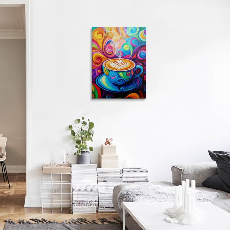 Abstract Coffee Cup Canvas Wall Art Framed Print Painting Colorful Swirling Heart Vibrant Modern Whimsical Cafe Pop Art Wall Decor Artwork Poster for Kitchen Coffee Bar Dining Room 12x16 Inches (coffee / 16"L x 12"W)