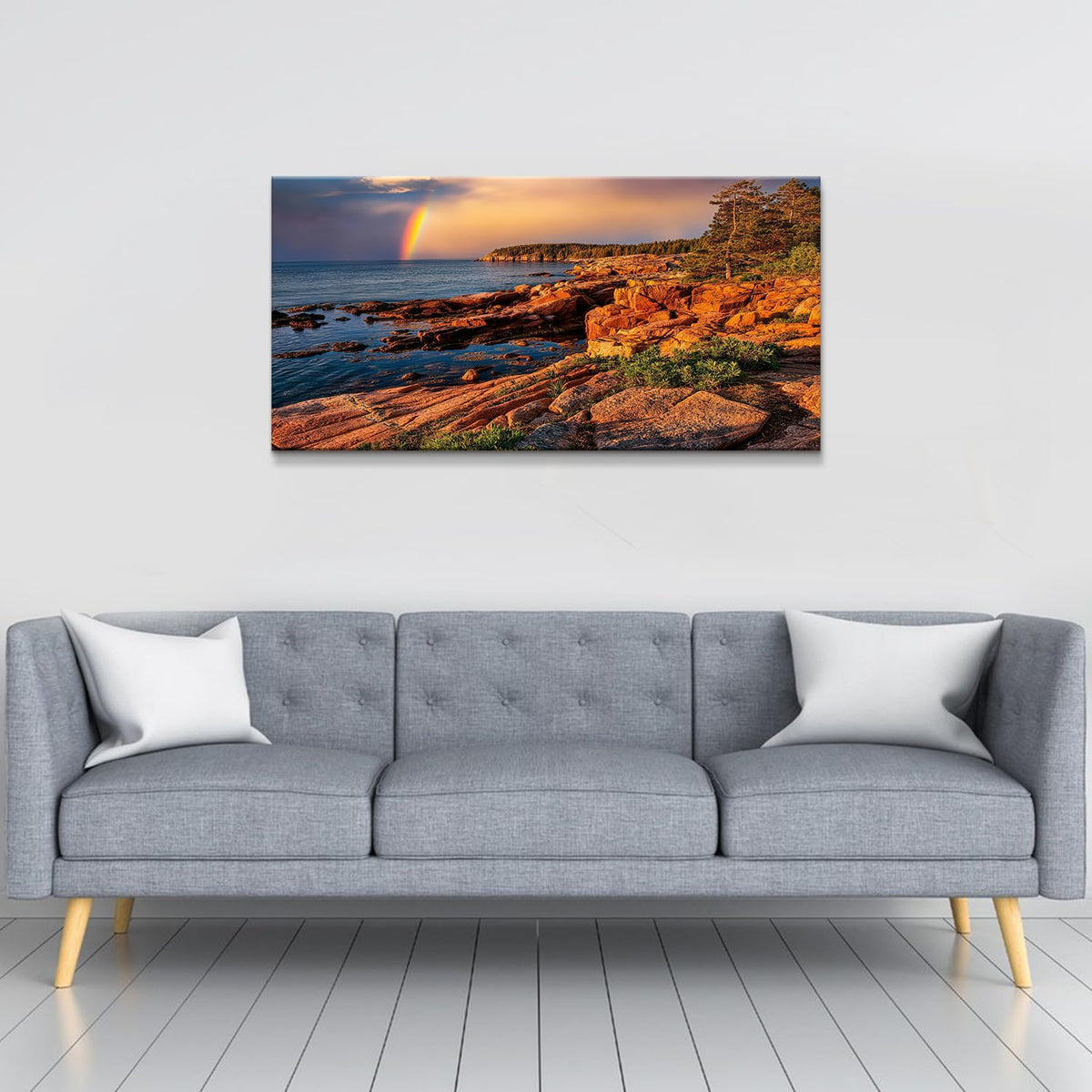Coastal Rocky Beach Wall Art Sunset Rainbow Seaside Scene Wall Decor for Living Room Nature Painting Canvas Prints Seascape Ocean Wave Picture National Park Poster Bedroom Office Decorations 20x40" (40"L x 20"W / Field03)