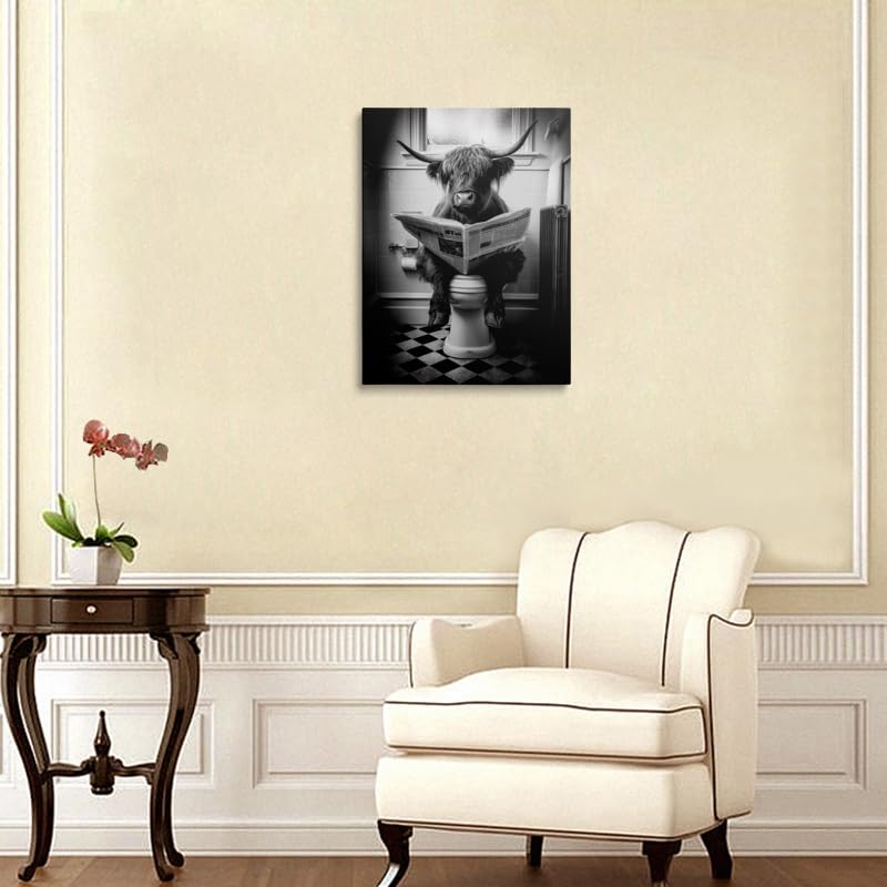 Funny Highland Cow Canvas Wall Art Framed Black and White Photograph Surreal Cow Sitting on Toilet Reading Newspaper Humorous Bathroom Wall Decor Artwork Print Poster 12x16 Inches (Bathroom Cow / 16"L x 12"W)