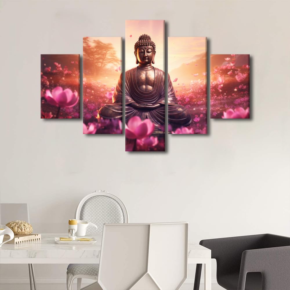 Buddha Canvas Wall Art Decor Modern Living Room Canvas Art Buddha Statue Surrounded By Flowers Poster Art for Men Lady Bedroom Wall Decoration 5 Panel Stretched and Framed Ready to Hang 60x40 in (60x40 in / 5PANEL-18)