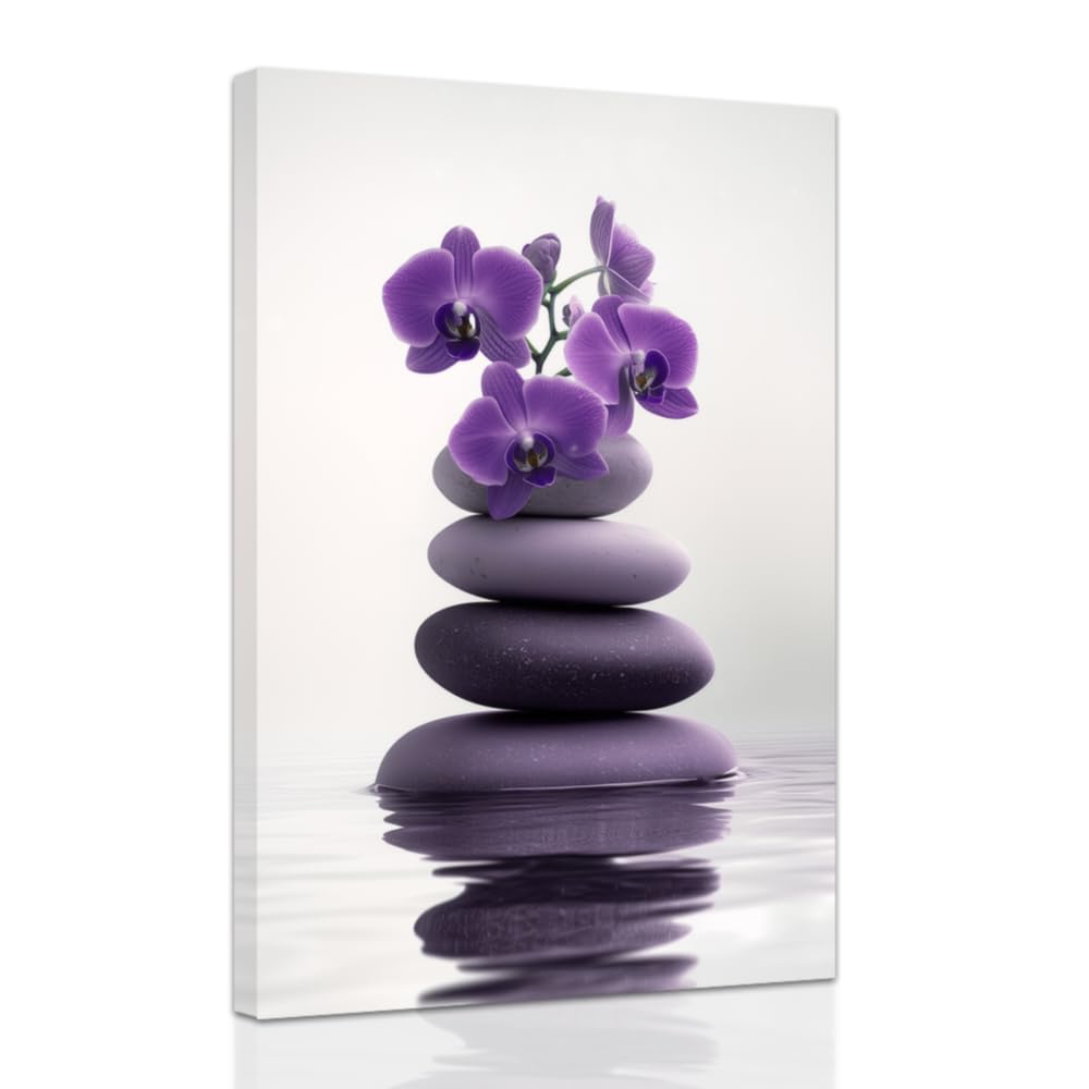 Zen Wall Art Stones Picture Orchid Canvas Painting Purple Zen Water Prints Spa Bathroom Decor Meditation Yoga Room Office Home Framed (Purple / 12" x 18")