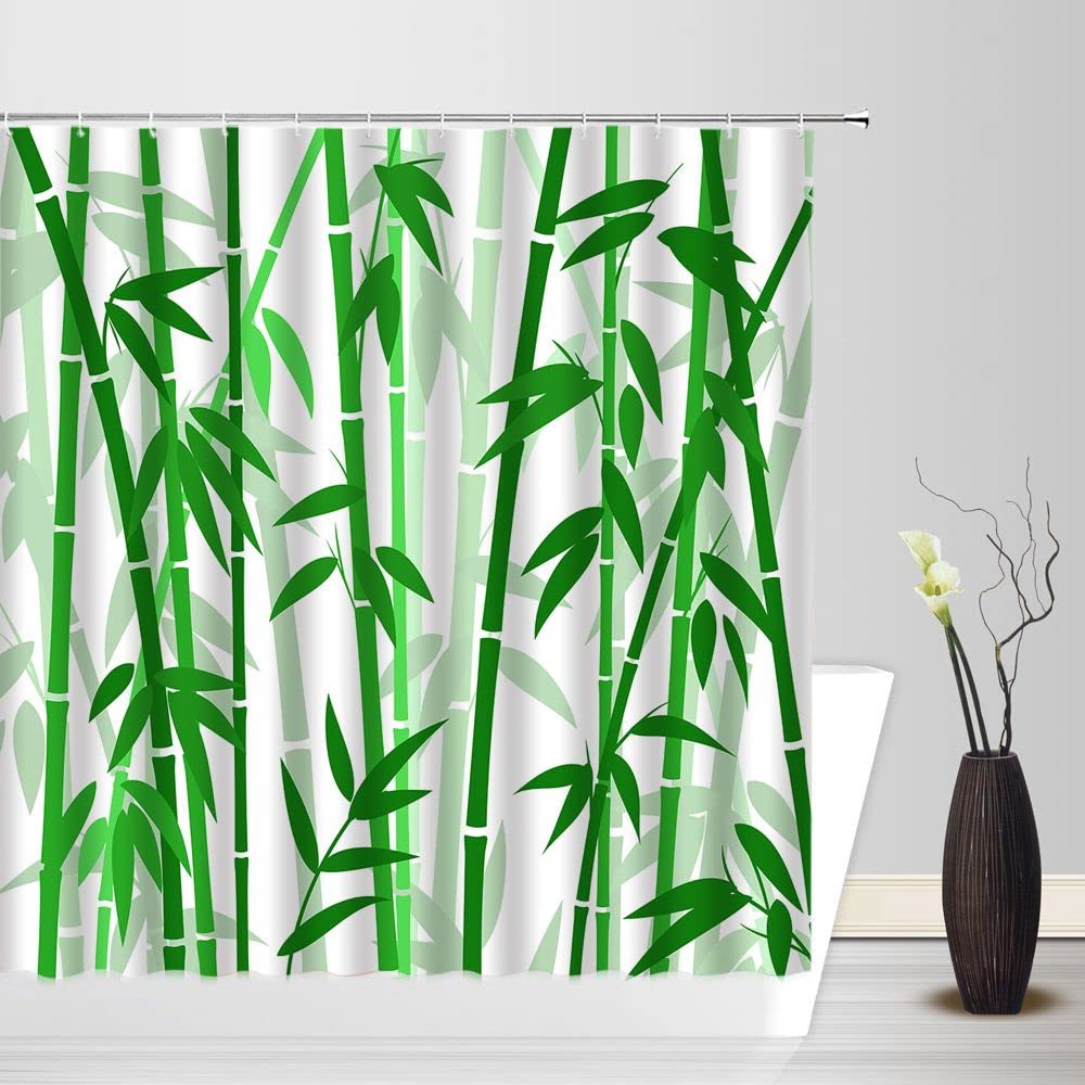 Bamboo Shower Curtain Green Bamboo Forest Tree Japanese Asain Art Rustic Wild Nature Plant Scenic Watercolor Fresh Spa Fabric Bathroom Sets with Hooks (White Green / 36"W x 70"L (Pack of 1))