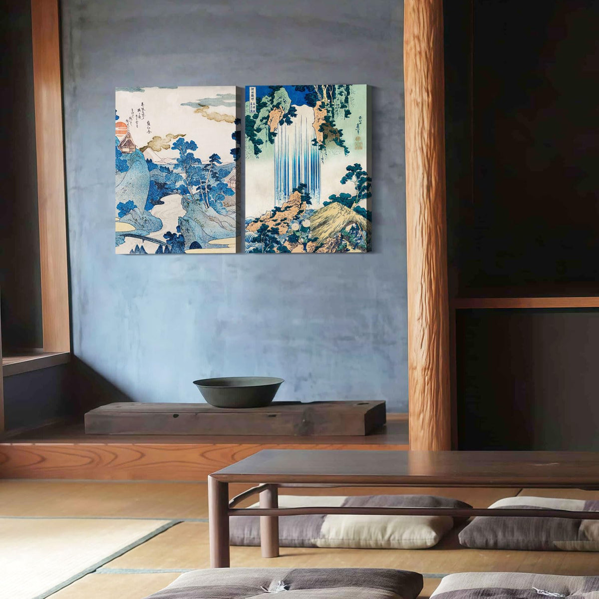 2 Pcs Japanese Landscape Waterfall Wall Art Ukiyo (Blue Landscape / 24"L x 16"W)