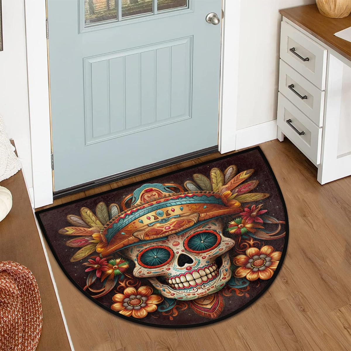 Flower Skull Half Round Door Mat Non Slip Half Circle Rugs (D: Color 15)