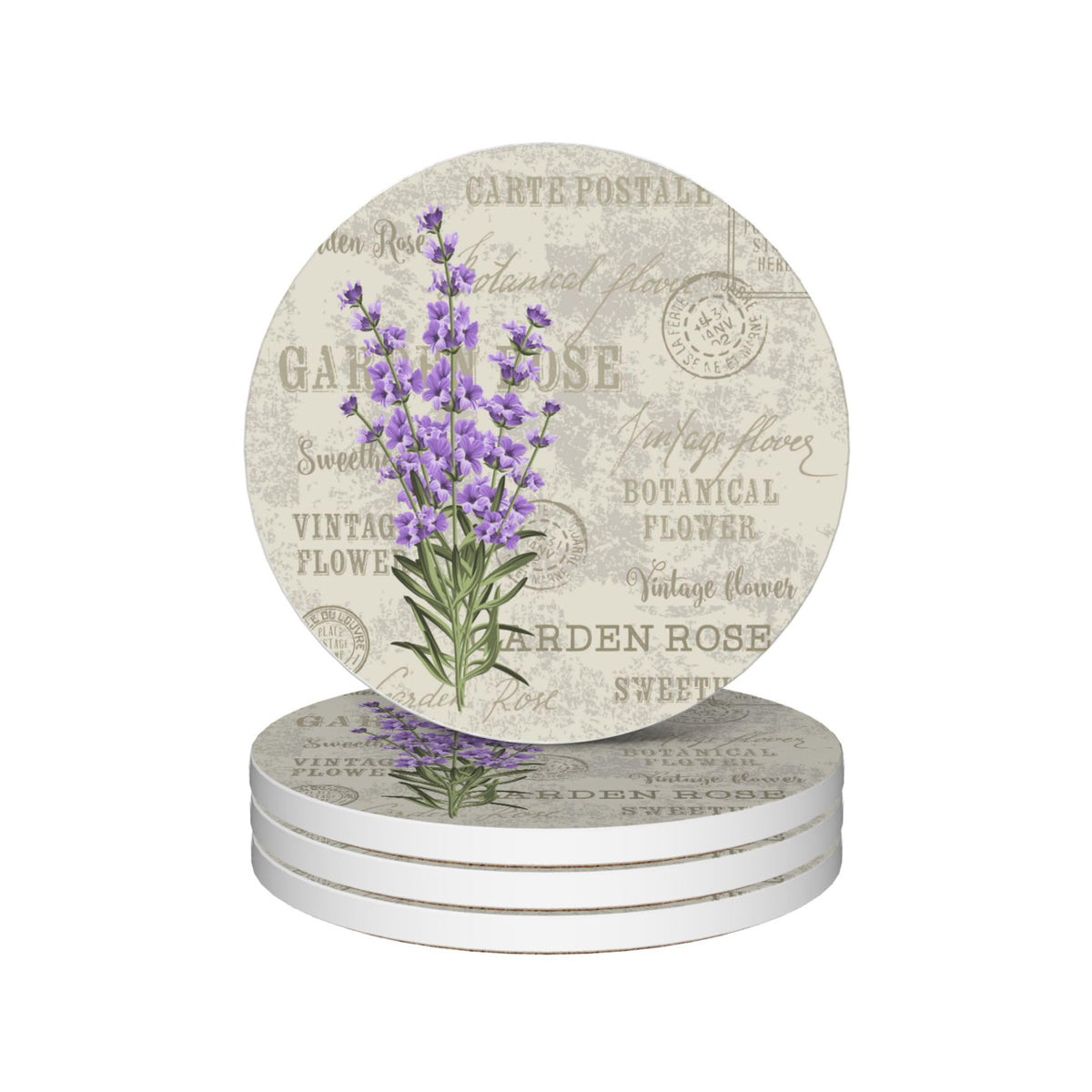 Vintage Lavender Flowers Round 4" Cup Coasters Set of 4 (Lavender Flowers)