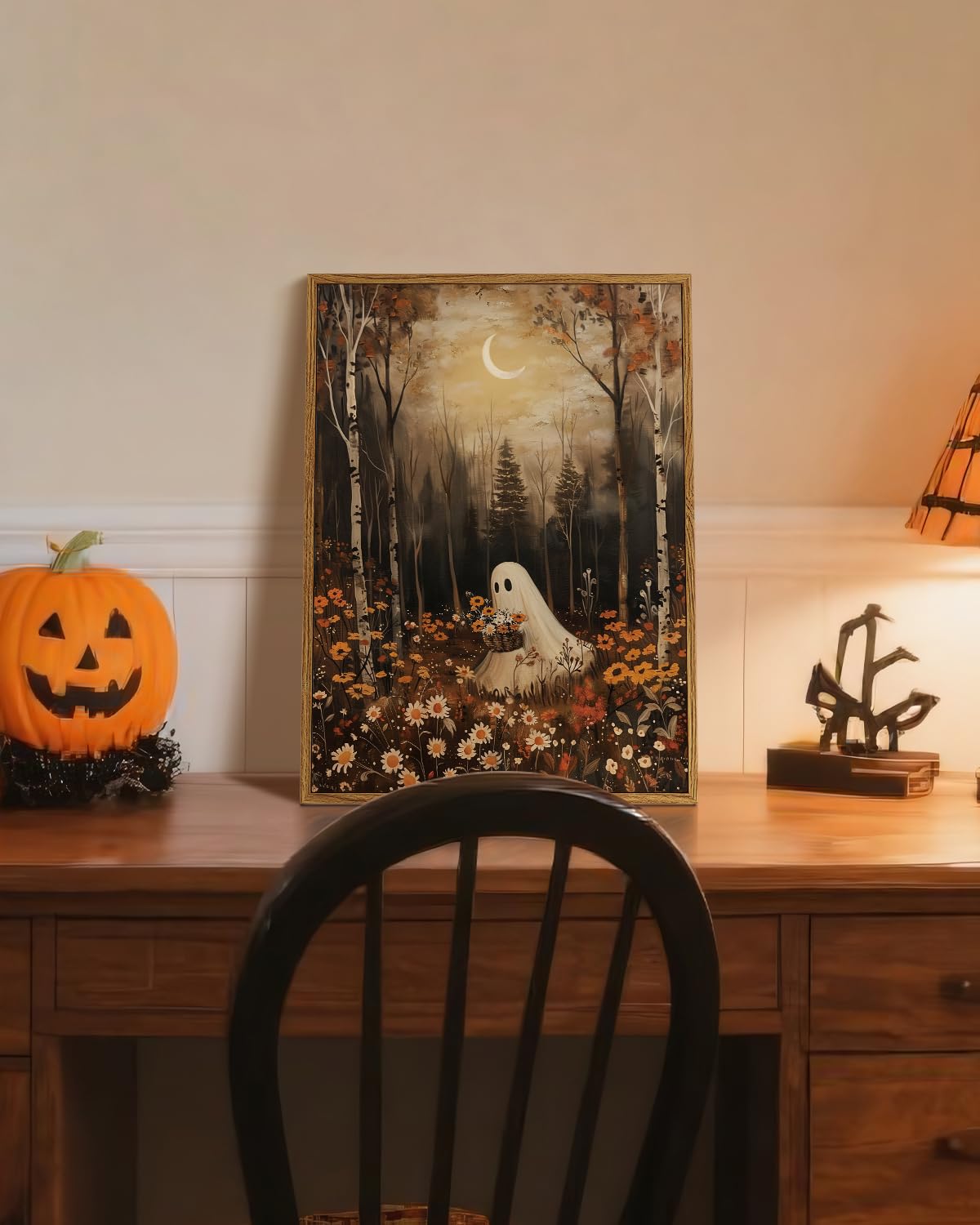 Vintage Cute Ghost Holding Flowers 12x16 Halloween Wall Art (Forest Ghost / 16"L x 12"W)
