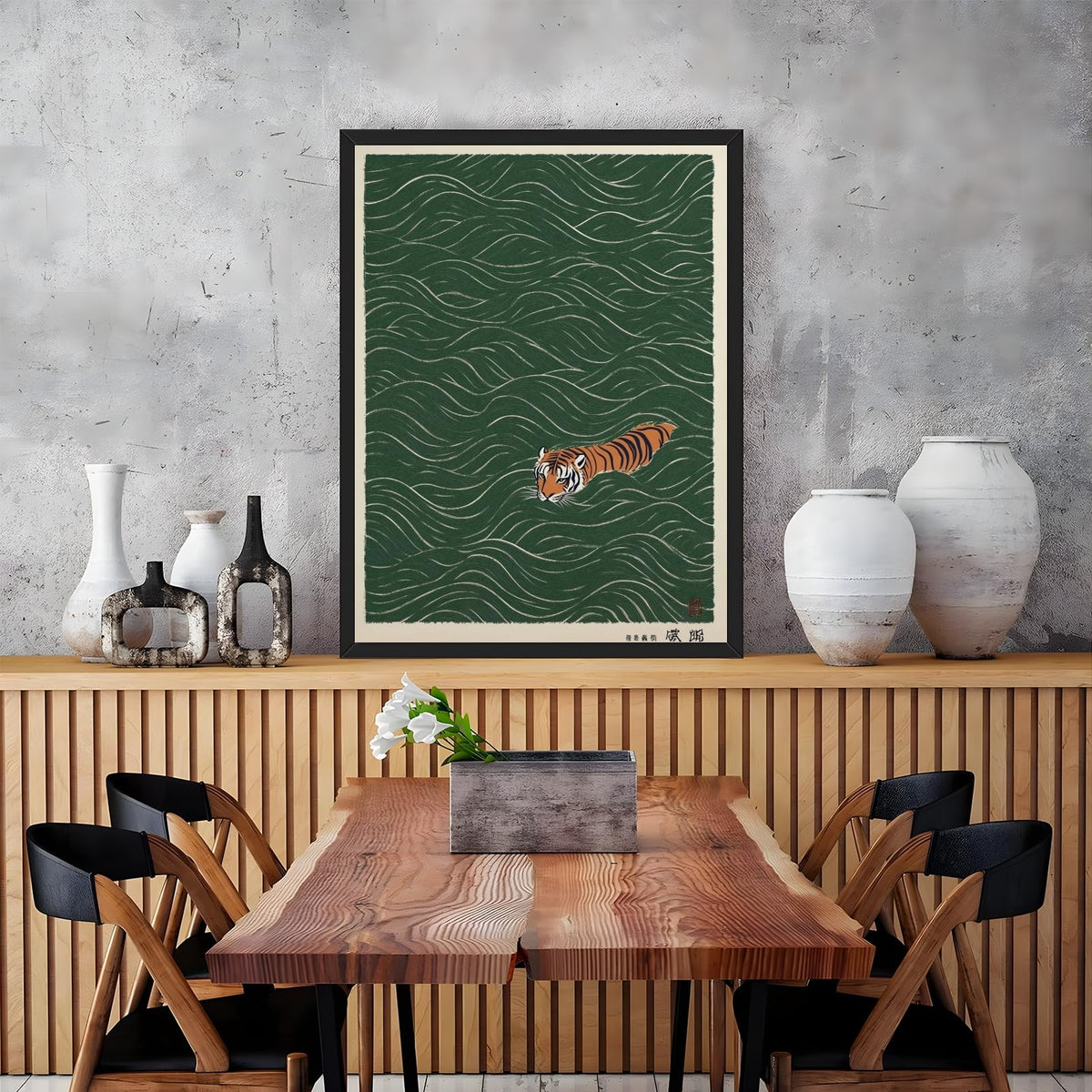 Funny Japanese Tiger Swimming Canvas Print Vintage Ukiyo (16"L x 24"W / style-3 Black Frame)