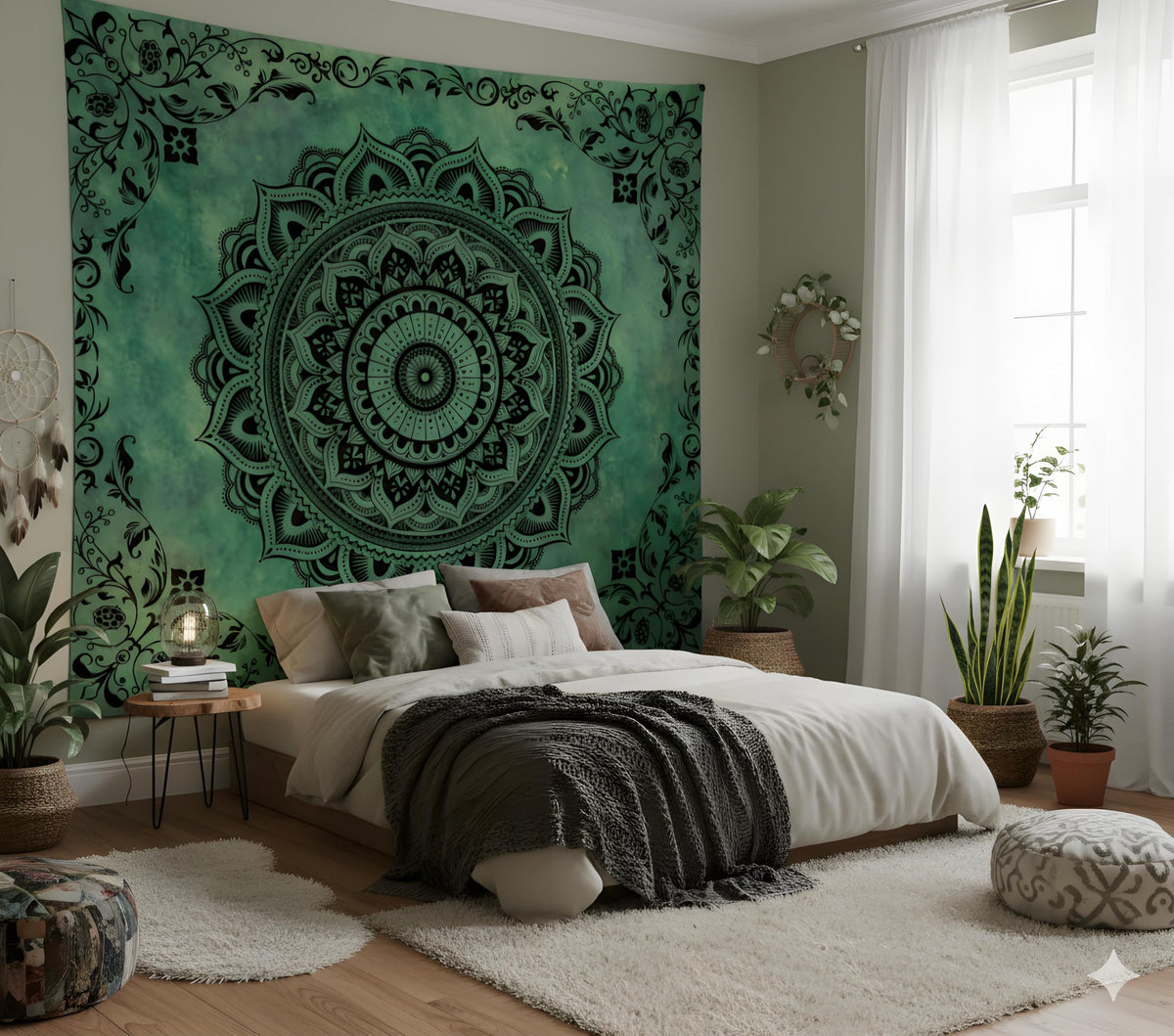 Green Hippie Tapestry Wall Hanging (Green Mandala Tapestry / 79"L x 60"W)