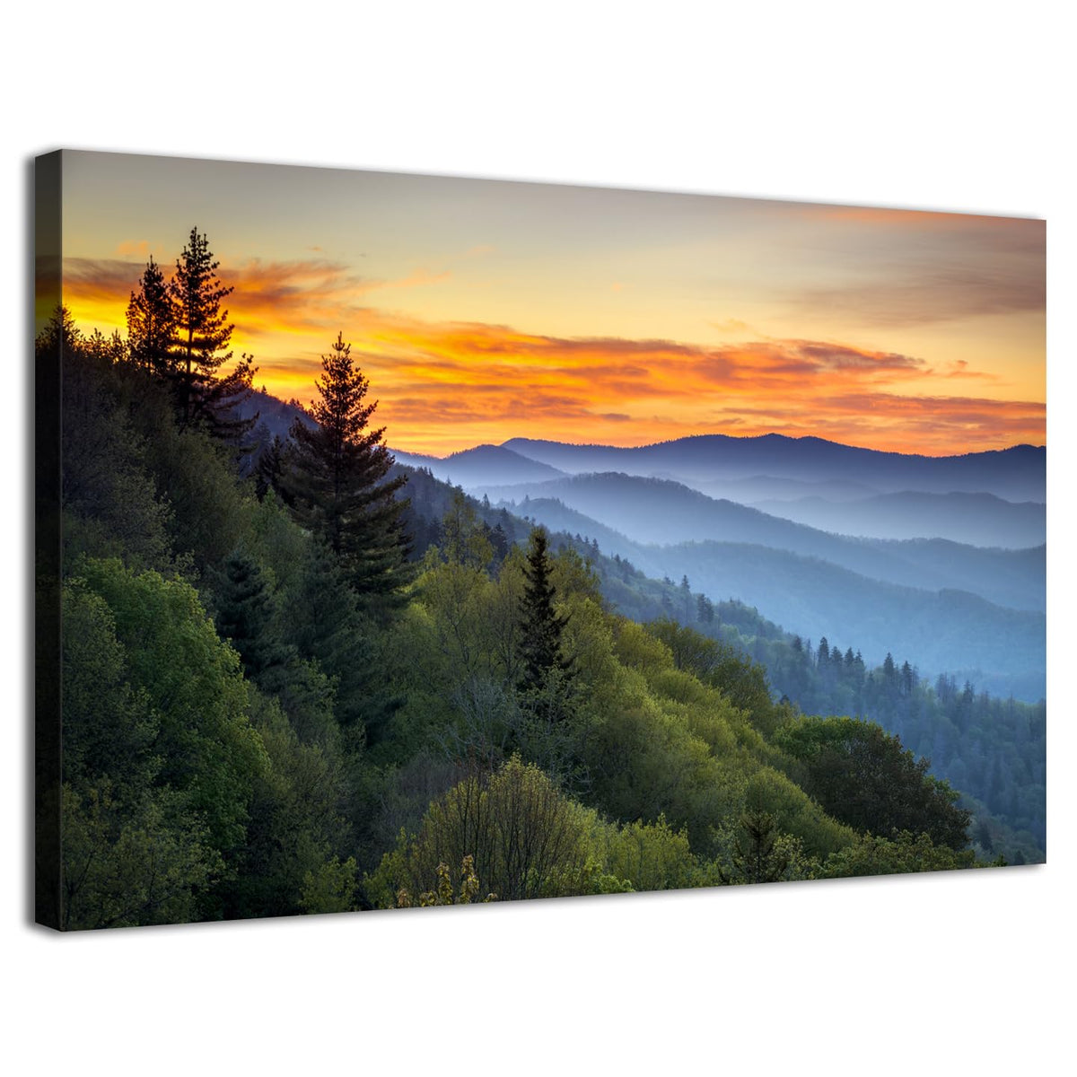 Great Smoky Mountains Wall Art Blue Ridge Mountain Sunset Landscape Canvas Print National Park Nature Forest North Carolina Scenery Artwork for Living Room Bedroom Office Home Decorations Framed 12x16 (16"L x 12"W / Great Smoky Mountain)