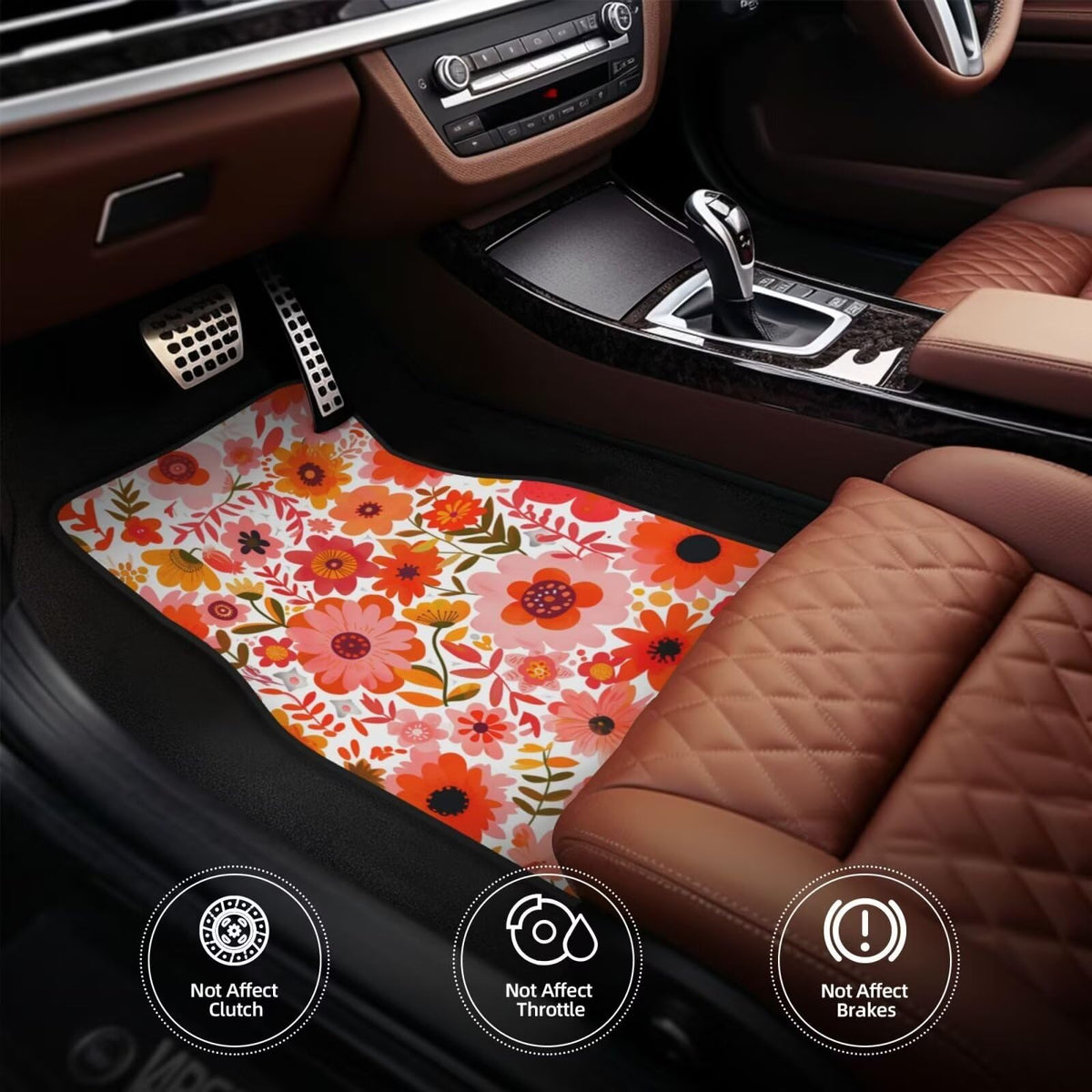 Pink Floral Car Floor Mats Full Set of 4 Non (Pink Cute Floral)