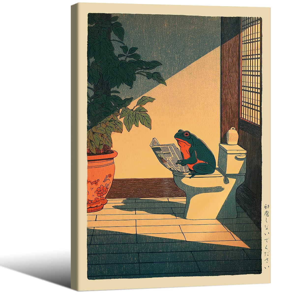 Japanese Frog Framed Wall Art Cute Animal Canvas Print Funny Frog On The Toilet Reading Newspaper Posters 24x36 inch Vintage Japan Painting Decor for Oriental Asia Bathroom Restroom Ready to hang (Wrapped Canvas / Japanese Frog / 36"L x 24"W)