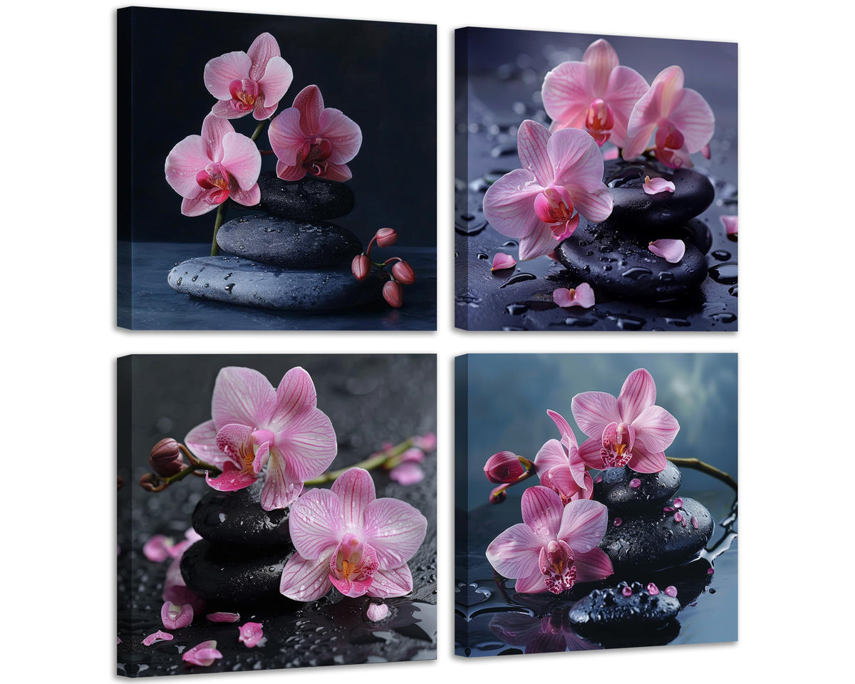 4Pcs Pink Orchid Canvas Wall Art Zen Spa Decor with Black Stones and Water Drops Tranquil Floral Prints Nature Home Decoration for Bedroom Living Room Bathroom Ready to Hang Relaxing Artwork (16X16inchX4 / Pink Orchid)
