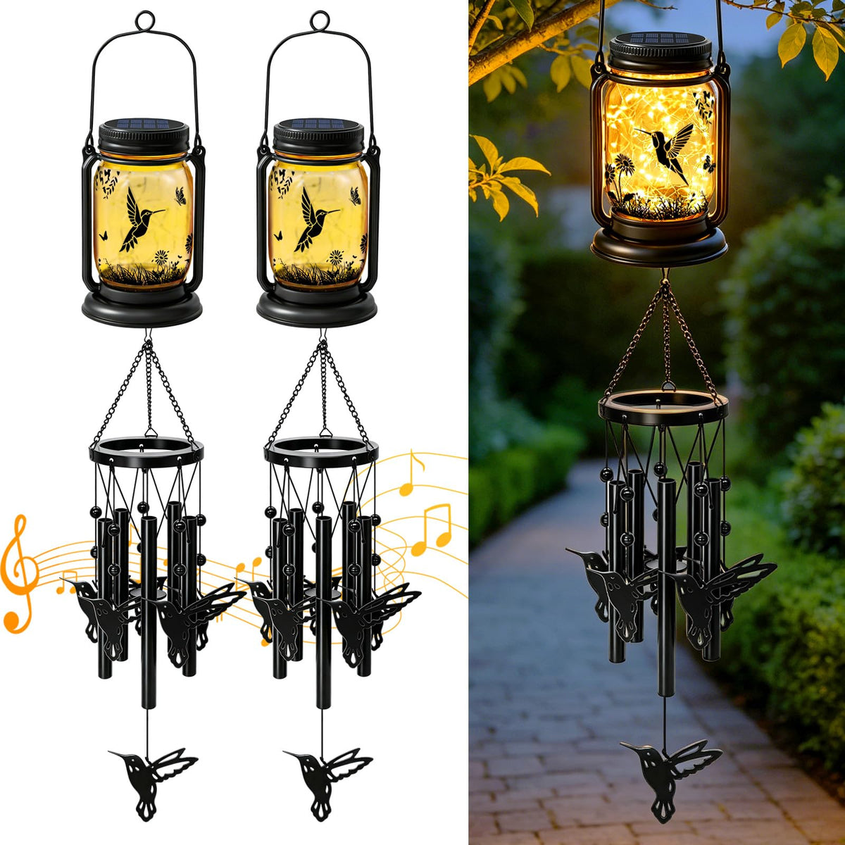 2 Pack Solar Hummingbird Wind Chimes for Outside (2 pack- hummingbird jar wind chime)