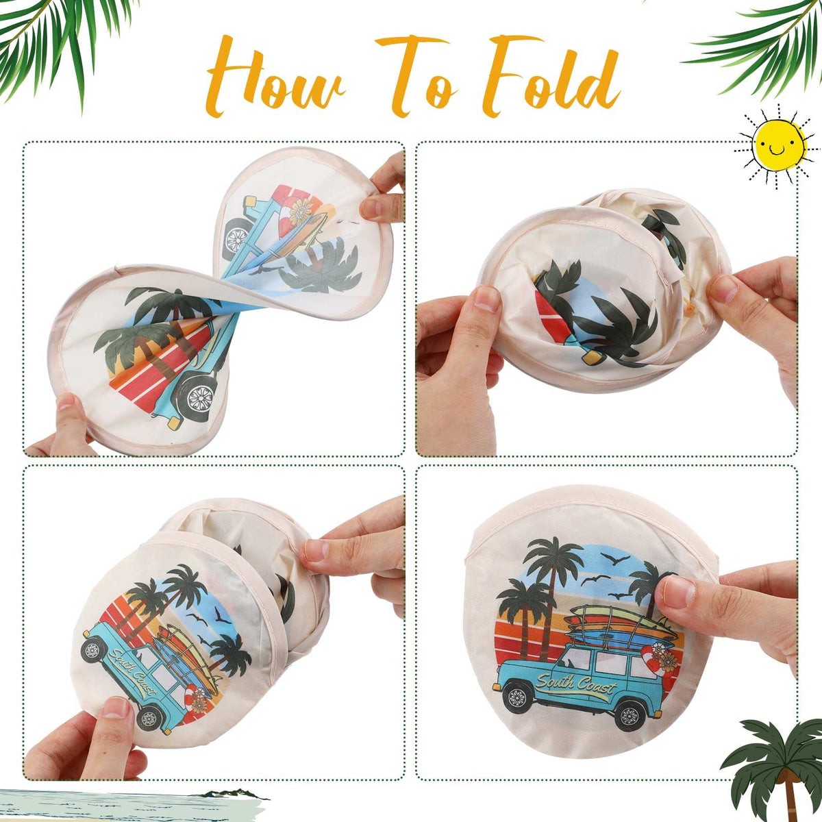 24 Pcs Beach Vacation Foldable Hand Fans Flying Disc 8 Style (Beach Vacation)