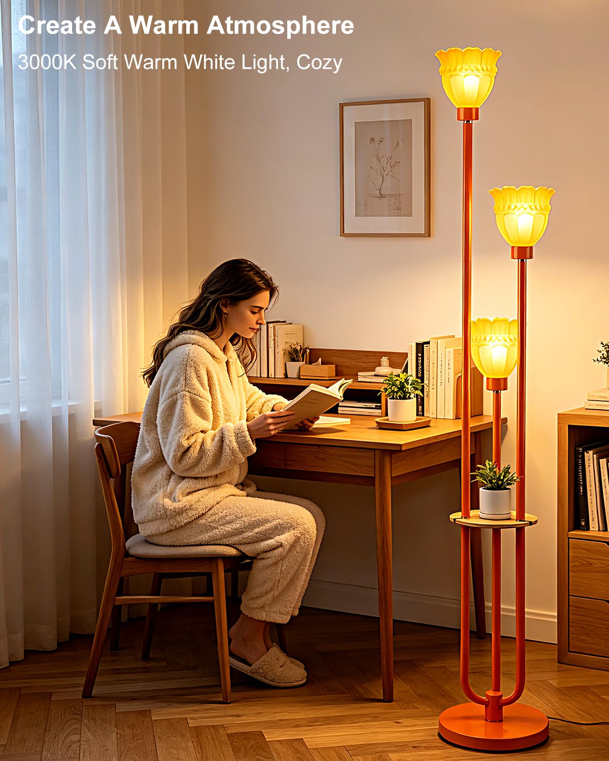 Dimmable Floor Lamps with Orange Glass Lampshade for Living Room (Orange-3UC1)
