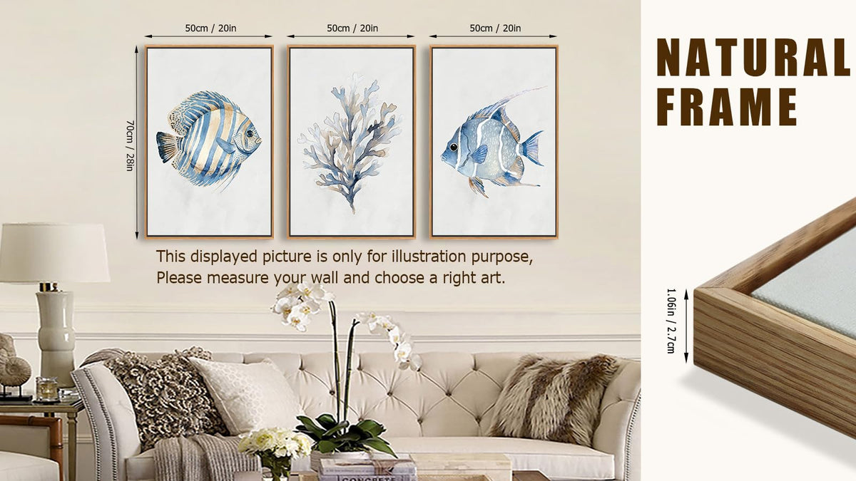 Nautical Framed Wall Art (Navy Blue Fishes and Coral / 28"L x 20"W)