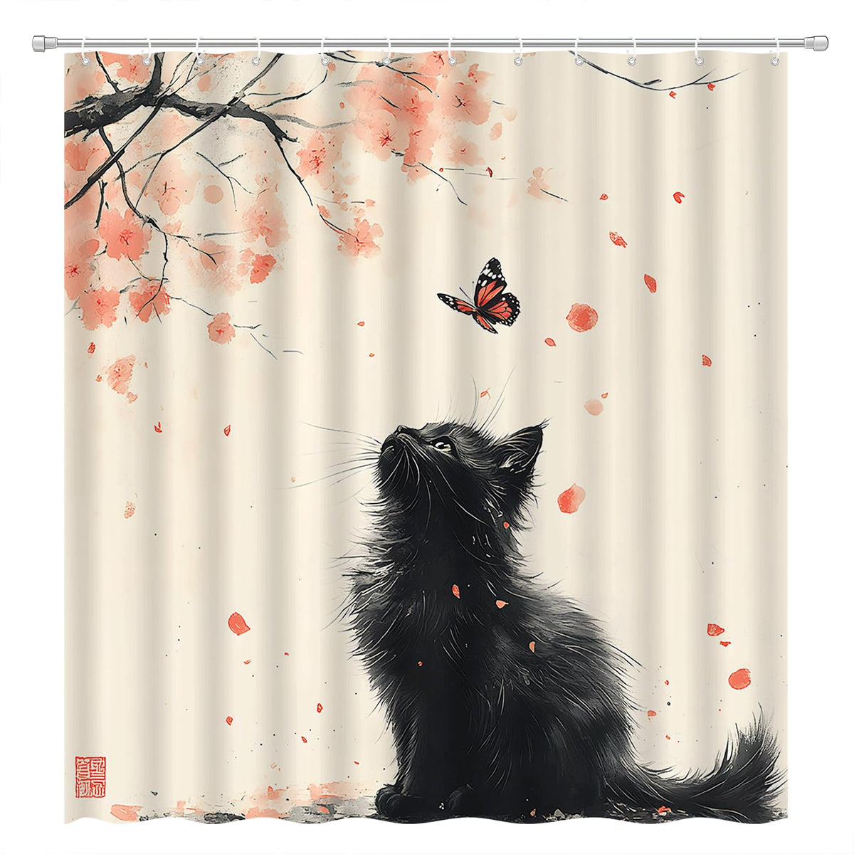 Japanese Cat Shower Curtain (70"W x 70"L (Pack of 1))
