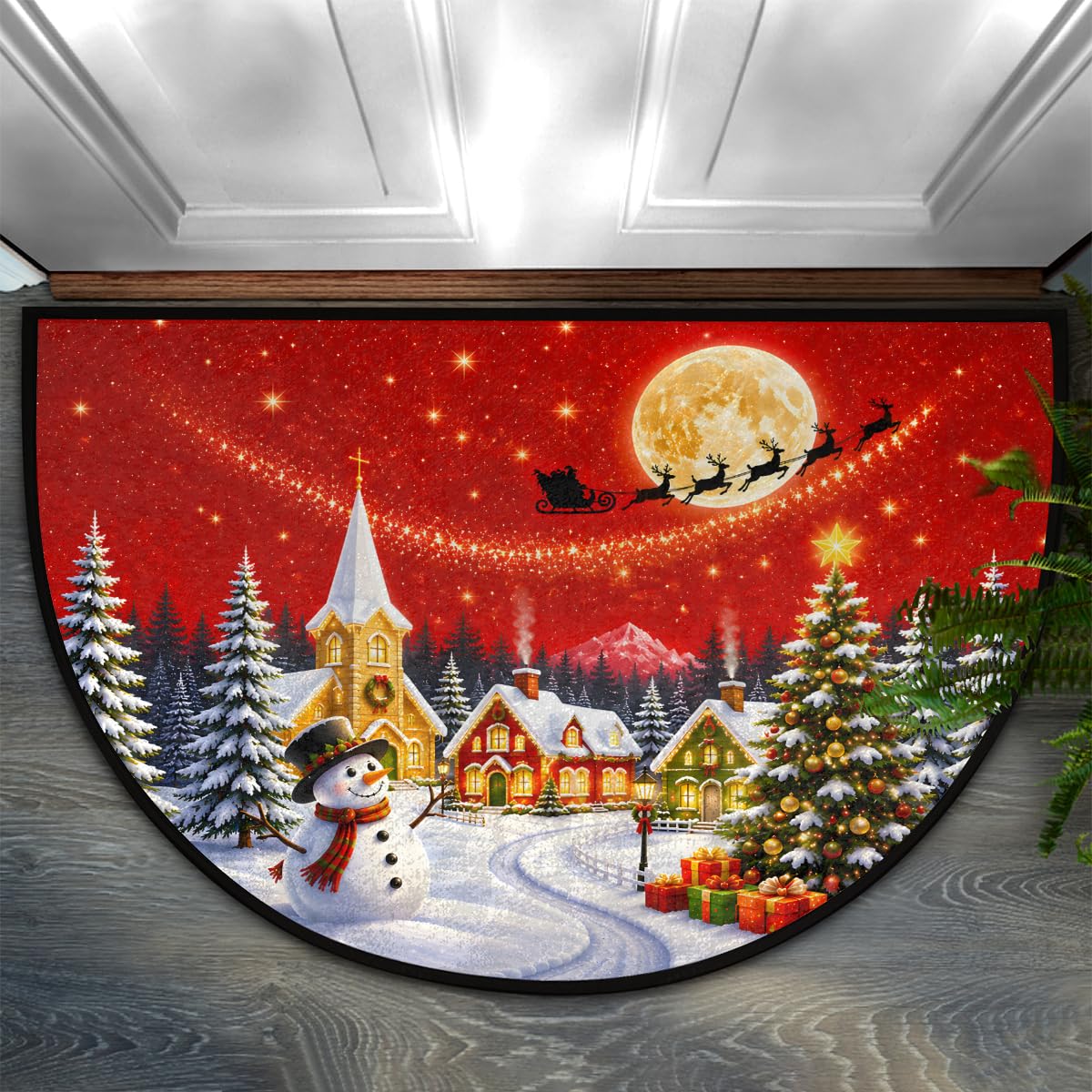 Half Round Doormat Washable Kitchen Semi Circle Rug Christmas Snowman deer (G 01)