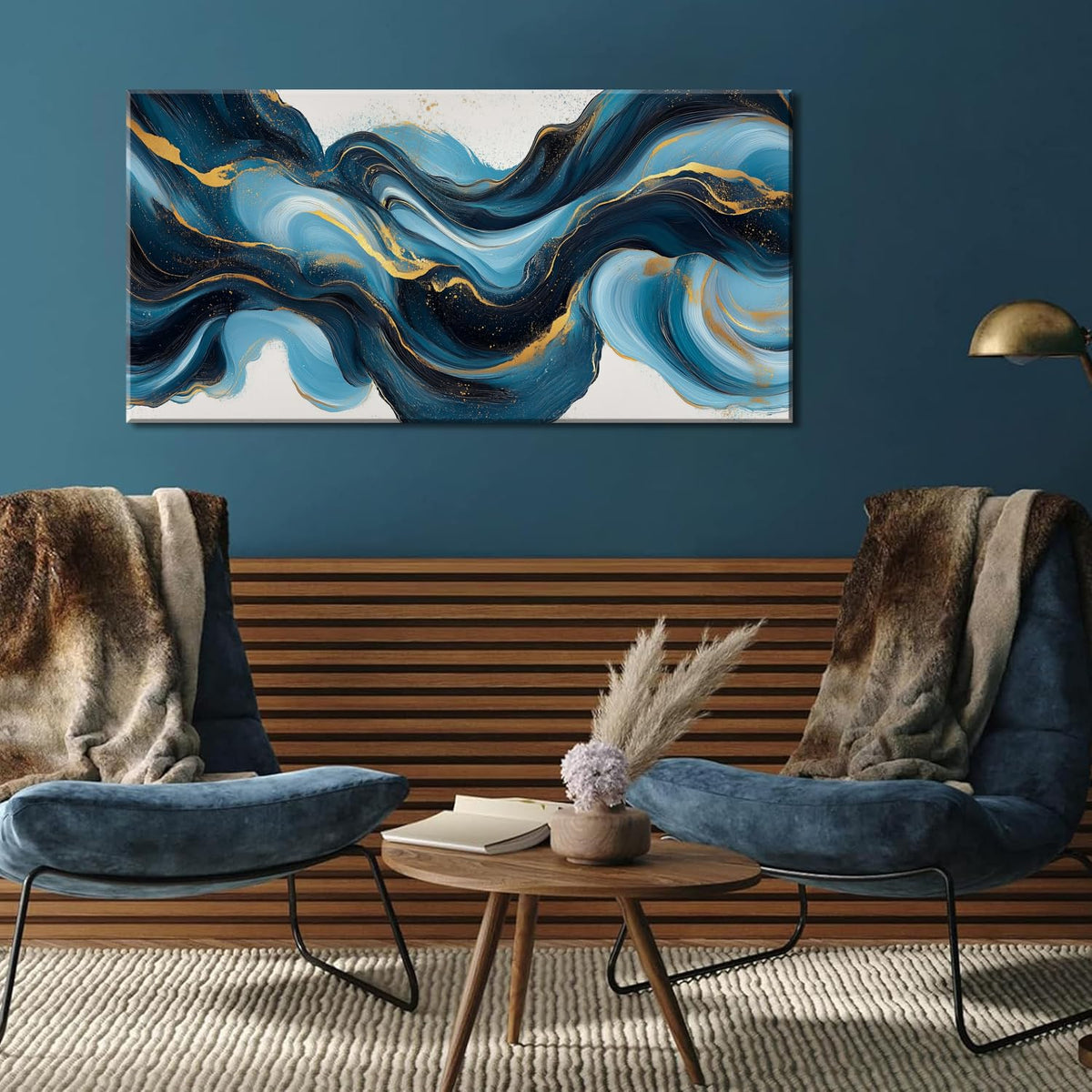 Abstract Blue and Gold Swirling Stripe Wall Art for Living Room Office Contemporary Art Deco White Background Painting Prints Modern Canvas Artwork Over the Couch Bedroom Decor (40"L x 20"W / Blue and Gold Swirling Stripe Wall Art (K870))