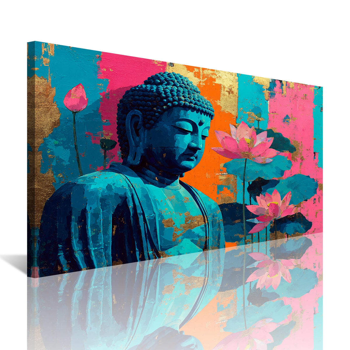1Pcs Colorful Buddha Lotus Flower Wall Art Canvas Print with Gold Foil Vibrant Zen Meditation Decor Modern Asian Spiritual Artwork for Living Room Bedroom Yoga Studio (32"L x 16"W / 1PCS-Blue Buddha)