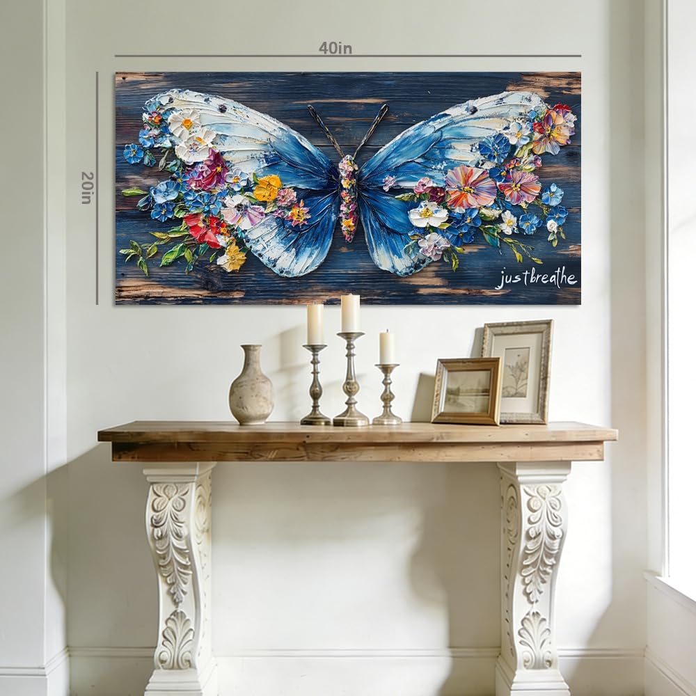 Blue Floral Butterfly Canvas Wall Art Just Breathe Inspirational Quote Painting Print Gallery Wrapped Rustic Wood Artwork for Living Room Bedroom Bathroom Decor (Wildlife / White Butterfly Flowers 4 / 40"L x 20"W)