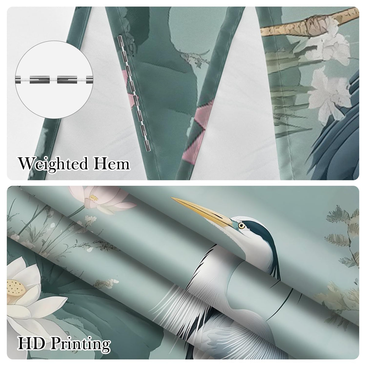 Heron Bird I Wisteria and Lotus Floral Shower Curtain with Hooks (Crane and Lotus / 72"W x 78"L (Pack of 1))