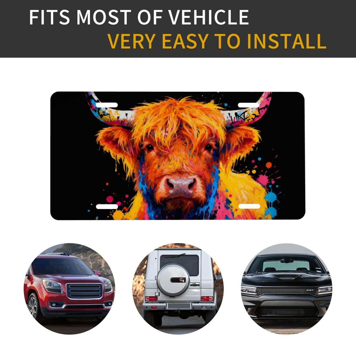 Colorful Splash Cute Highland Cow Front License Plate Aluminum Decorative License Plates Metal Car Plate 6"X12" Novelty Vanity Tag Cover with 4 Holes Car Decor Accessory (Brass / 6 X 12 Inch)