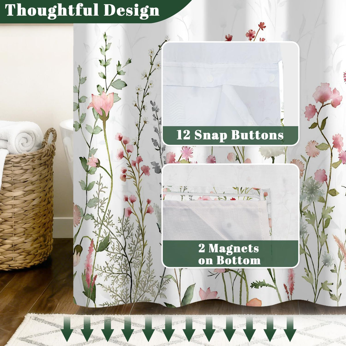 Pink & White Floral Shower Curtain with Snap in Liner (Floral-4)