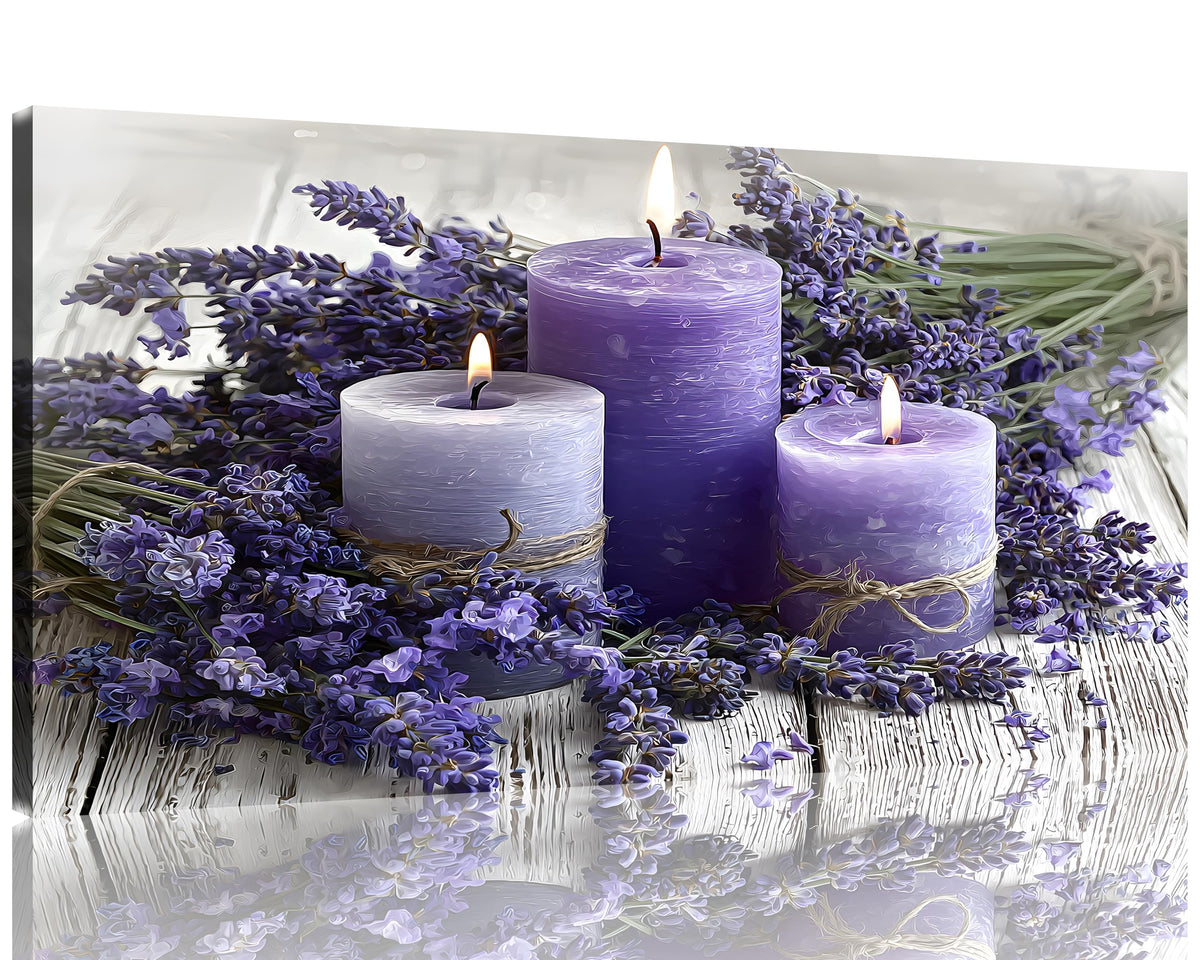 1 Panel Purple Wall Art Purple Wall Decor Lavender with Candle Canvas Picture for Bathroom Modern Flowers Pictures for Bedroom Kitchen Office Home Decor Ready to Hang 16x32 inches (32"L x 16"W / Purple Flower 15)