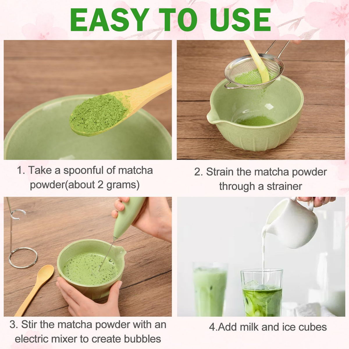 Electric Matcha Whisk Set 4 PCS Matcha Making Kit Powder Mixer Electric Milk Frother Traditional Tea Scoop Chashaku (Electric Matcha Whisk)