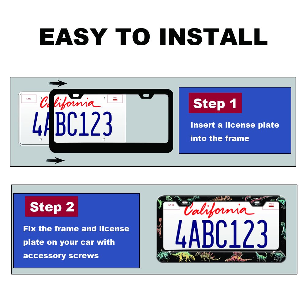 Colorful Dinosaurs License Plate Frame Women 2Pc Car Tag (for animal-Dinosaurs / 2 pack)