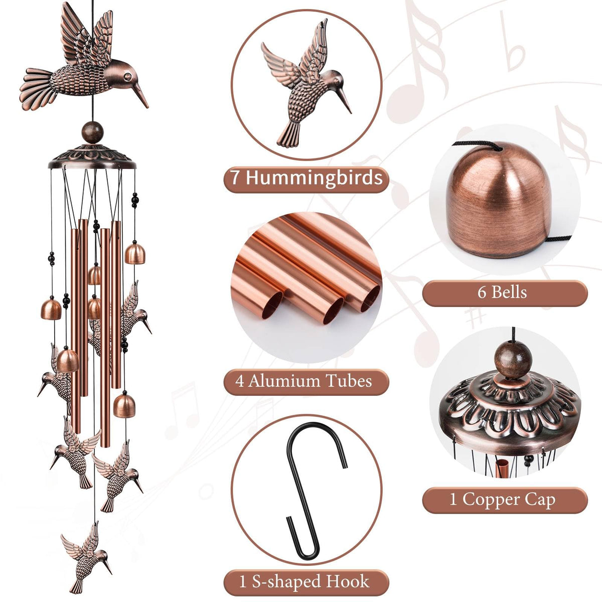 35" Hummingbird Wind Chimes (Copper / Hummingbird)
