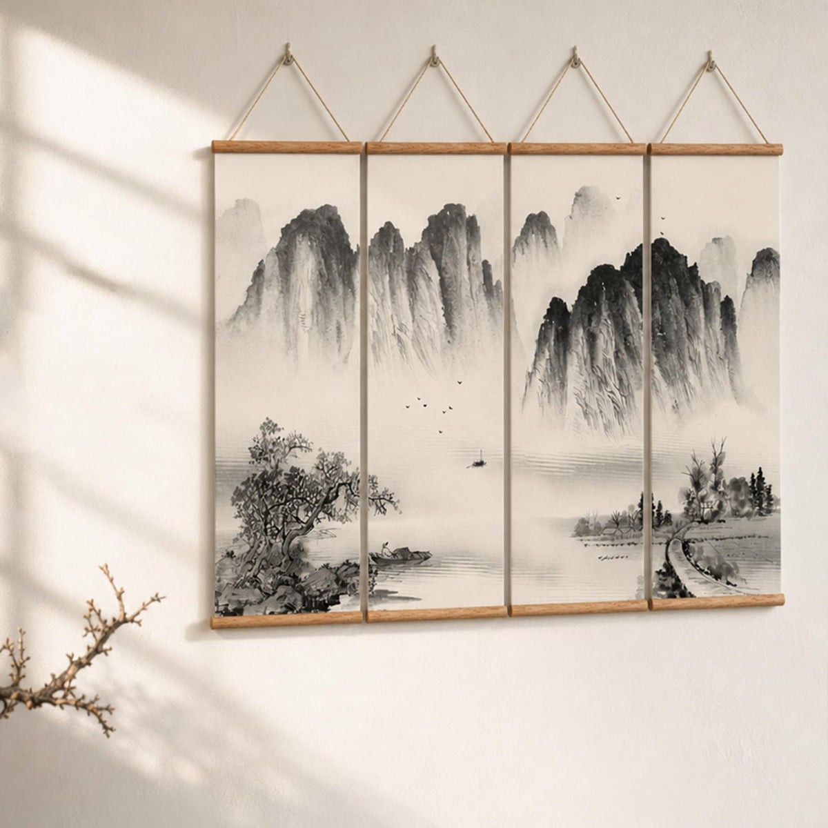 Chinese Ancient Landscape Scroll Wall Art (12”x36”x4piece / landscape-Oak)