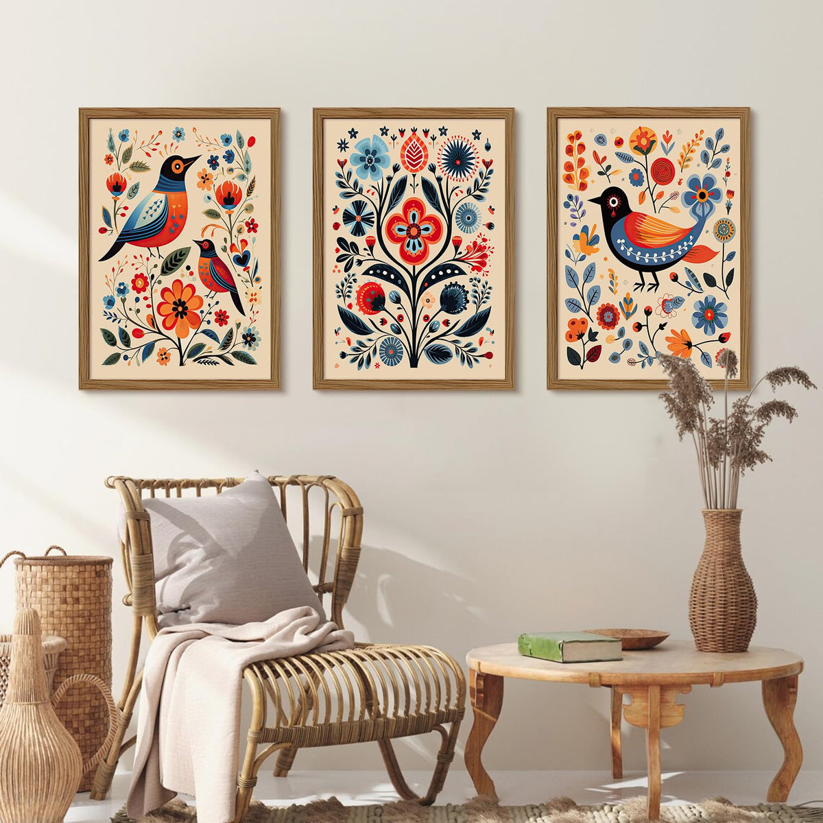 Scandinavian Folk Wall Art Nodic Flower Canvas Wall Decor Norwegian Wall Art Poster Swedish Antique Wall Decor Pictures Floral Bird Prints Vintage Poster for Home Kitchen 12x16x3 Inch Framed (Framed / Colorful Flower Prints Art / 16"L x 12"W)