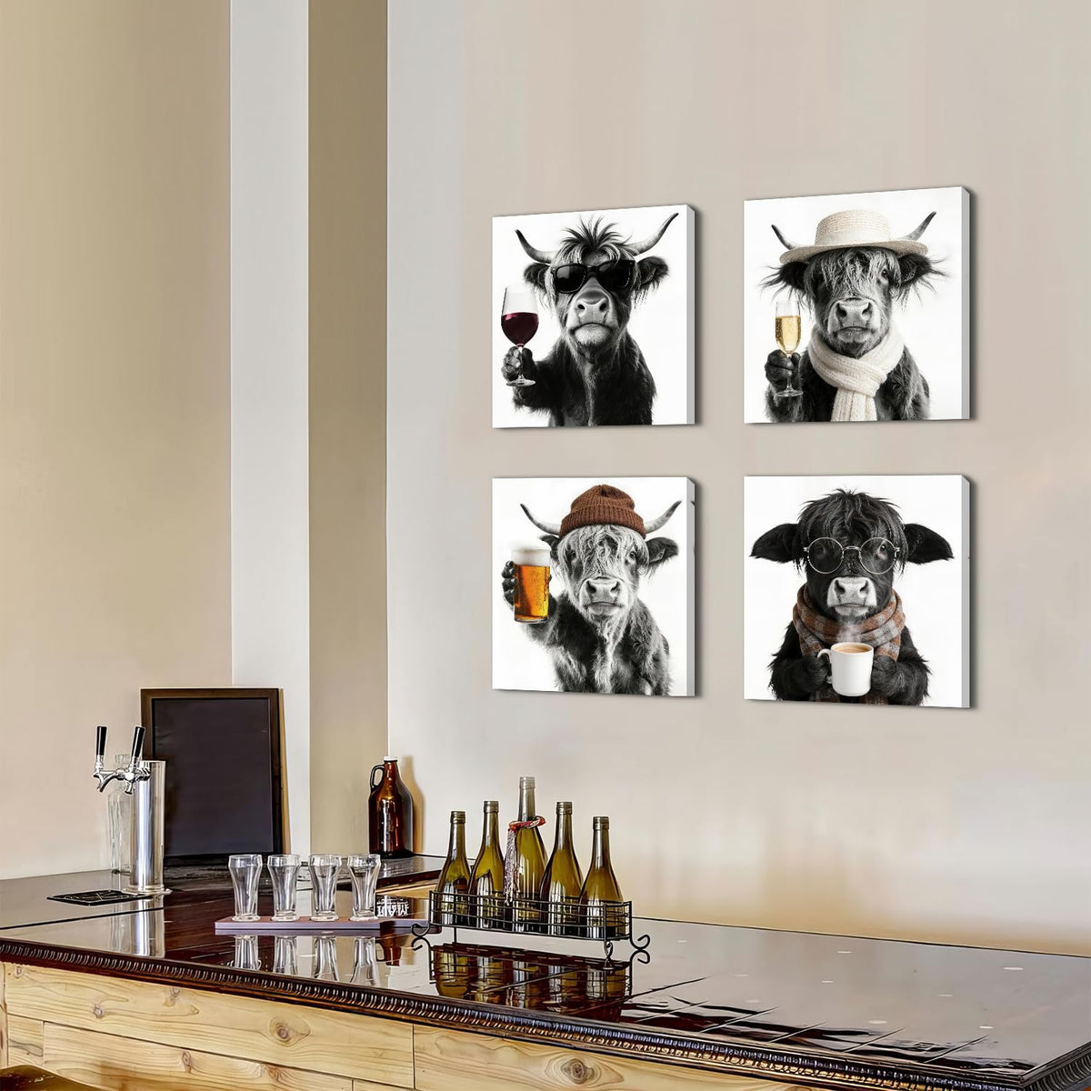 Funny Highland Cow Wall Art Cowboy Wall Decor Farmhouse Kitchen Decor Vintage Black and White Animals Pictures Canvas Prints Humor Cows Theme Paintings Posters Artwork Home Decorations 12x12” 4P (12"L x 12"W / Cow Drink)