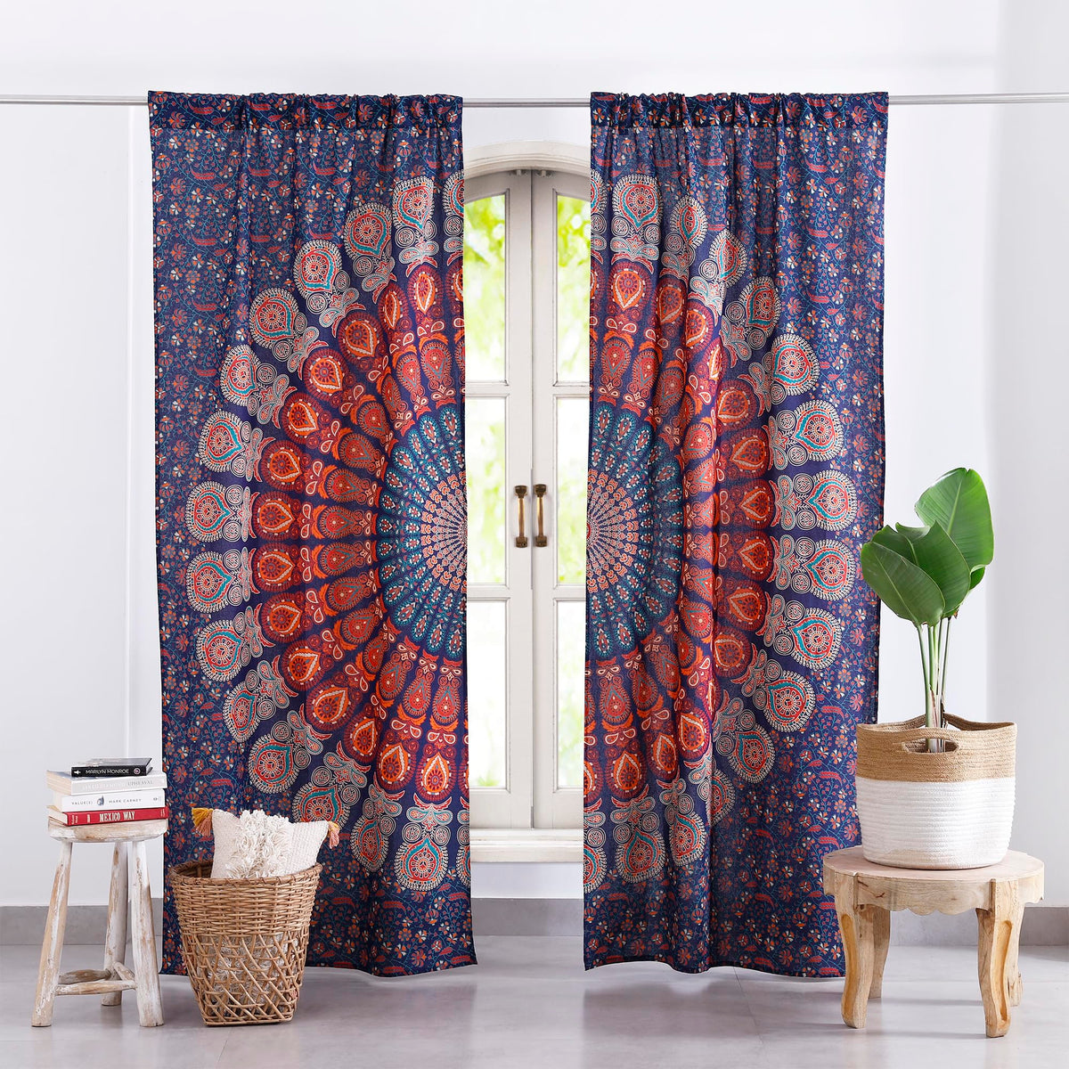 Blue Hippie Mandala Curtains 100 Inch Length for Living Room Bedroom 2 Panels Set Light Filtering Semi Sheer Window Curtains 84 Inch Width Boho Farmhouse Drapes W84xL100 Blue Multi (Blue Multi / 84"W x 100"L (Pack of 2))