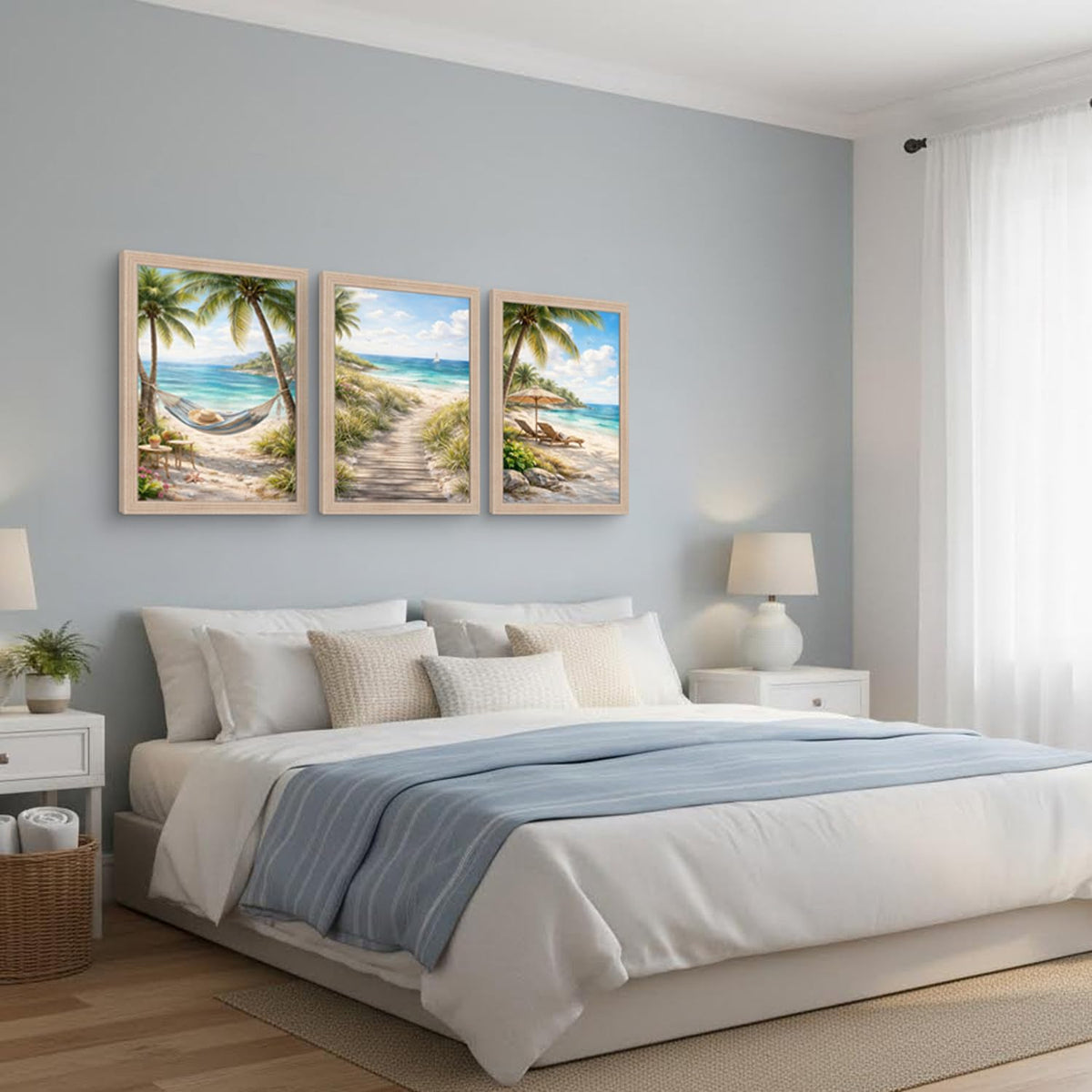 3Pcs Framed Beach Themed Art Canvas Painting Coastal Poster Ocean Image Tropical Palm Tree Print Seaside Gallery Wall Decoration Living Room Bedroom Bathroom 12x16 Inches Ready To Hang (Beach Scenery - 1 / 12x16in)