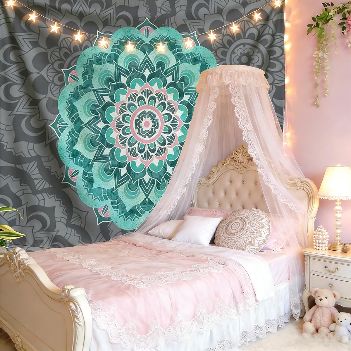Popular Handicrafts Flower Mandala Tapestry Wall Hanging Psychedelic Aesthetic Blue Grey Indian Hippie Wall Decor Bohemian Wall Art Home Decoration for Bedroom Living Room Dorm (Blue / 59"L x 39"W)