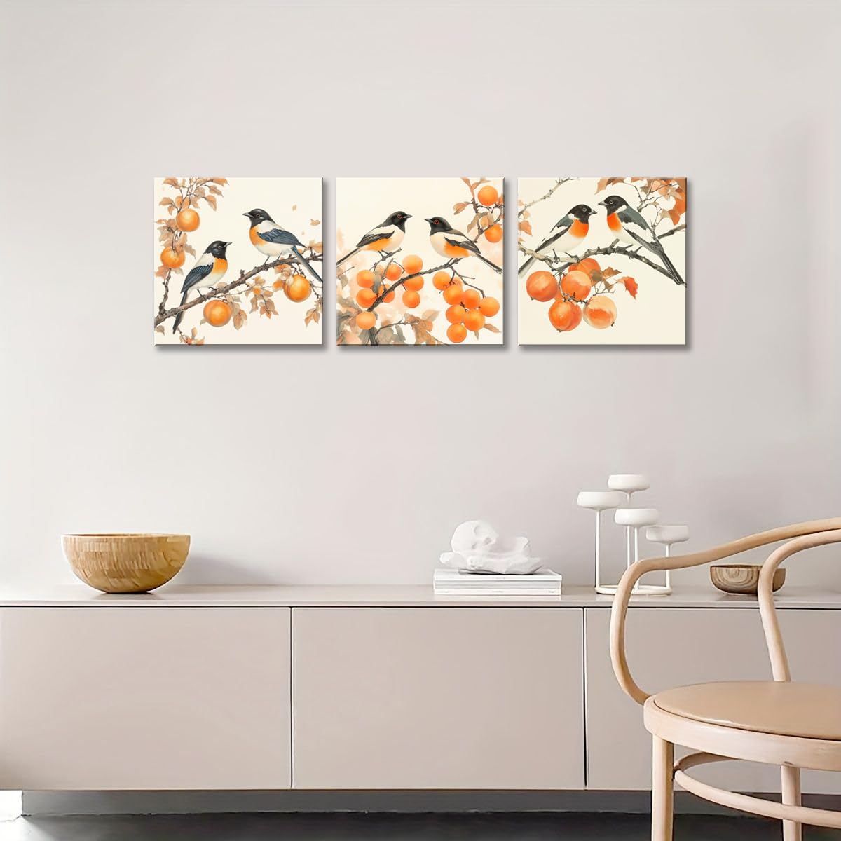 3PCS Vintage Style Watercolor Birds Orange Fruits Canvas Wall Art Botanical Autum Natural Scene Artwork for Living Room Bedroom Office Calming Wildlife and Fruit Branch Framed Canvas Prints (Birds Orange Fruits / 12x12 inches (3 pieces))