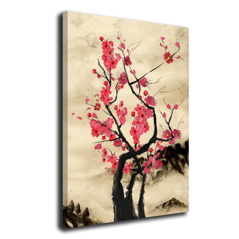 Cherry Blossom Branch Print Traditional Japanese Sakura Poster Wall Art living Room Wall Hang Flowers Canvas Decor Framed 8"X12" (12"L x 8"W / Frame-5)