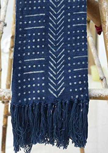 Decorative Rustic Throw 100% Cotton Throw Blanket Hand Block Print Throw Couch Blanket Ethnic Handmade Fall Decor Indigo Mudcloth Print Soft Tassels Blanket (Indigo / Snow (120 x 170 Cms))