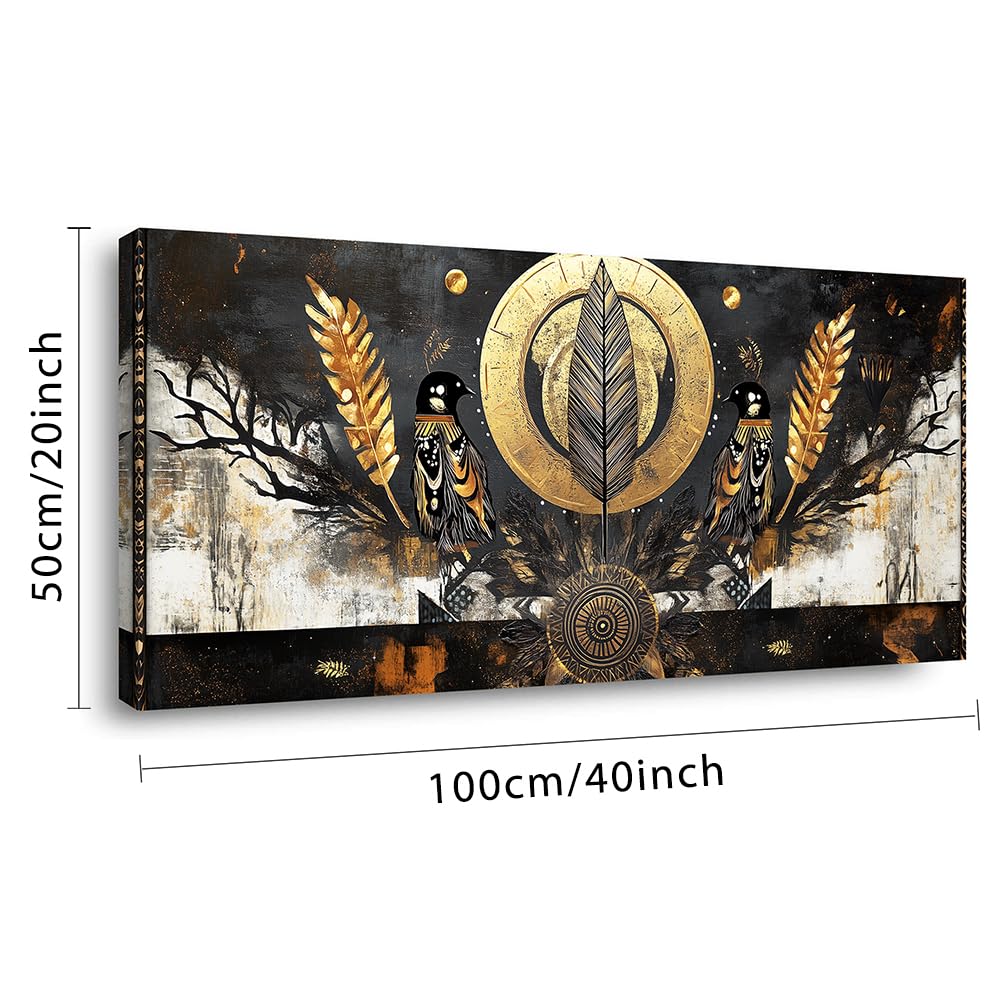 Gold Black Two Symmetrically Ravens Wall Art for Living Room Office Mystical Symbolic African Tribal Painting Prints Abstract Canvas Artwork Dining Bedroom Decor (Abstract / Gold Black Two Ravens Wall Art / 40"L x 20"W)